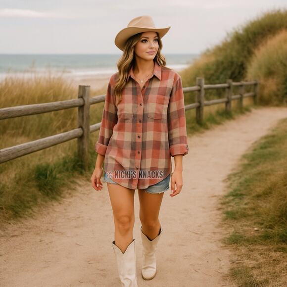 Carhartt Brick Dust Pink Gray Plaid Button Down Western Shirt Coastal Cowgirl M - Picture 1 of 11